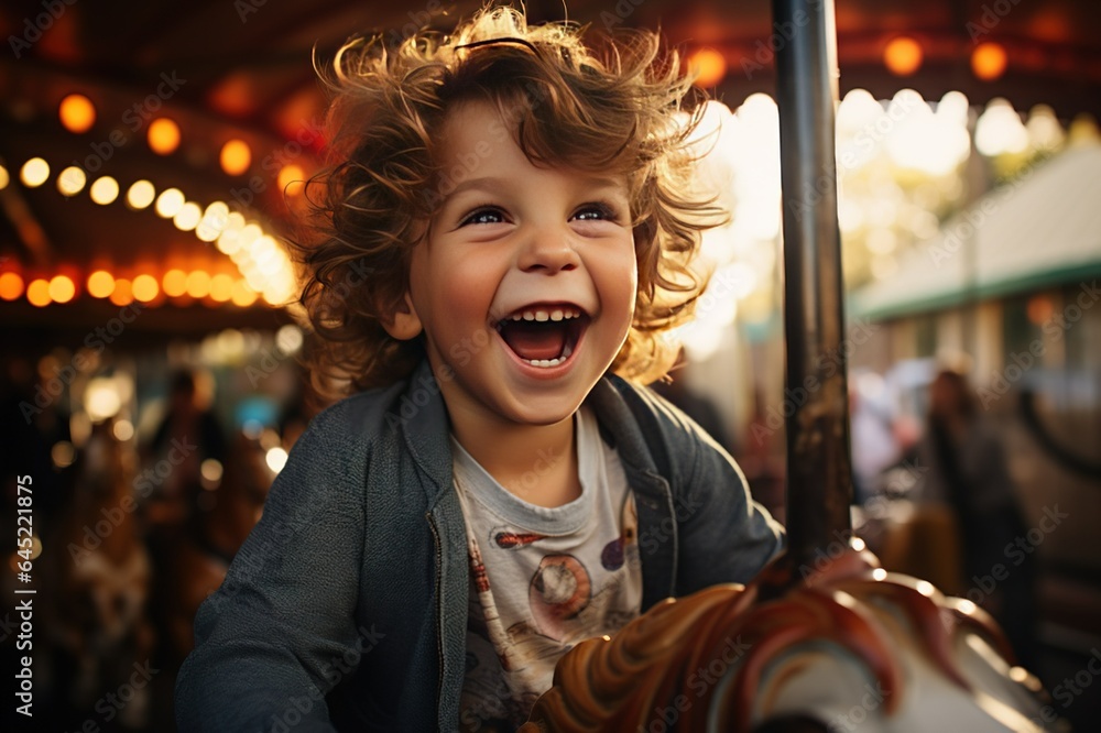 A happy young girl or boy expressing excitement while on a colorful carousel, merry-go-round, having fun at an amusement park