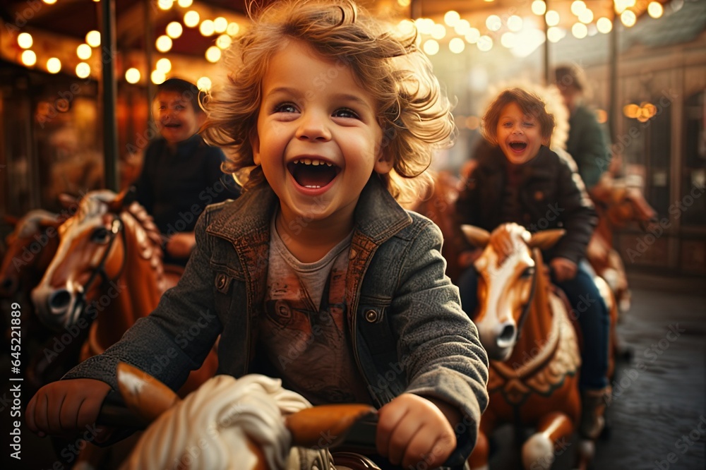A happy young girl or boy expressing excitement while on a colorful carousel, merry-go-round, having fun at an amusement park