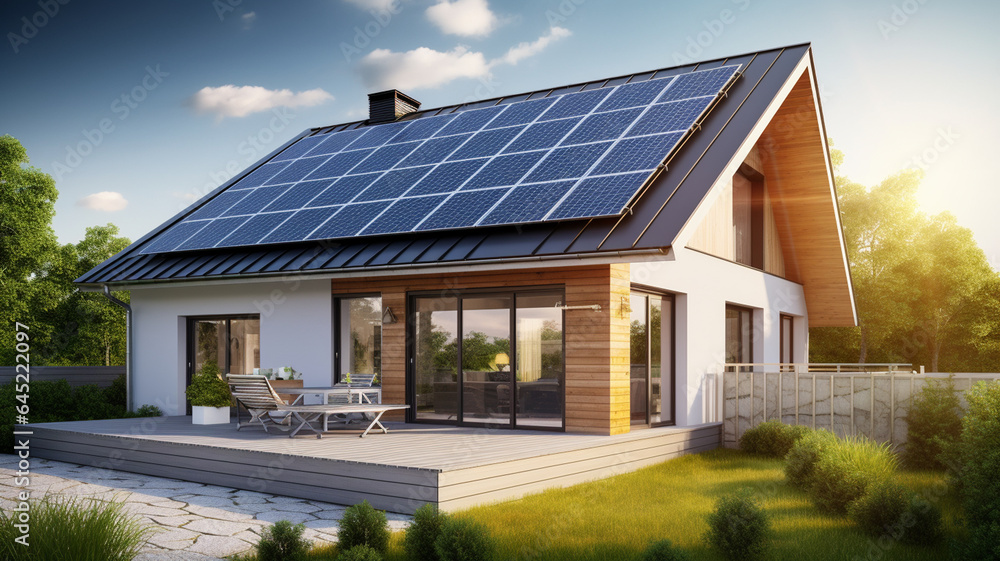 solar energy house. green energy panels and solar panels - obrazy, fototapety, plakaty 