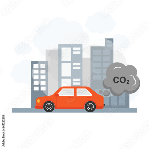 Fototapeta Naklejka Na Ścianę i Meble -  Car air pollution. Smoke from car cover the city and the sky. Vehicle toxic pollution vector illustration