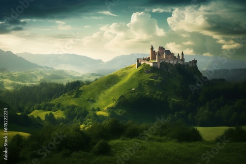 Medieval landscape with castles, hills, mountains, green fields, and dark skies. Middle-Earth inspired. Generative AI