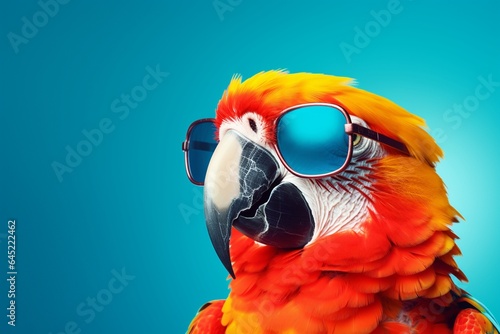 Macaw parrot with sunglasses on blue background. Copy space.
