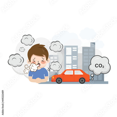 People wearing mask for protecting from air smoke city car pollution cartoon character vector flat illustration.
