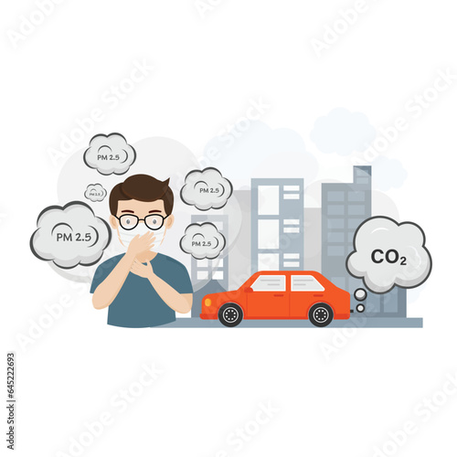 People wearing mask for protecting from air smoke city car pollution cartoon character vector flat illustration.
