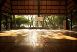 Sunlight intensifies the vibe of real wooden basketball court. Generative AI