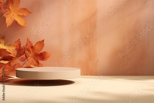 3D podium products display background with autumn leaves,mushrooms,animal on the left with copy space.Minimal background for products presentation.Created with Generative AI technology