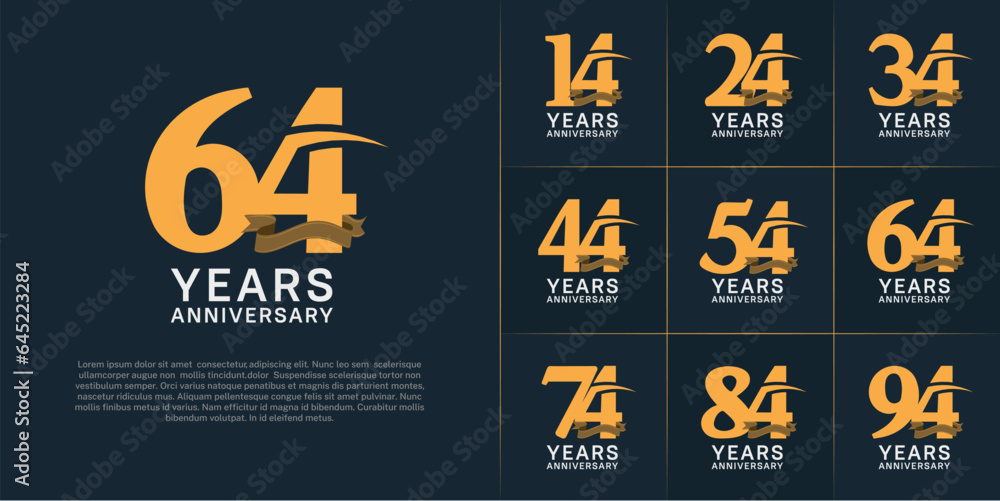 set of anniversary logo with yellow color number, swoosh and ribbon can be use for celebration