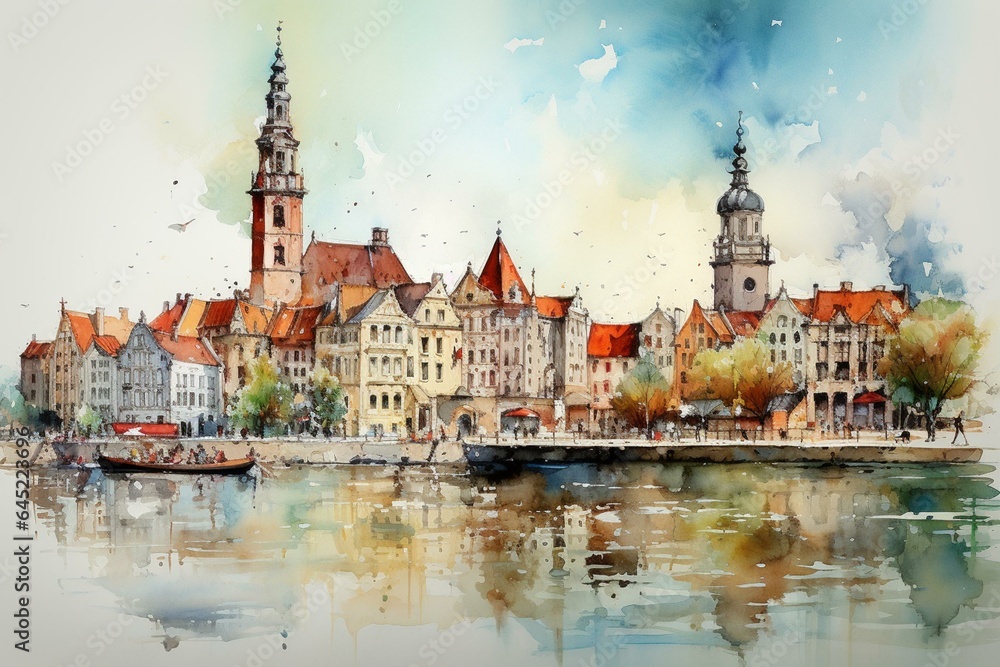 Artistic watercolor portrayal of Rzeszow's urban skyline. Generative AI