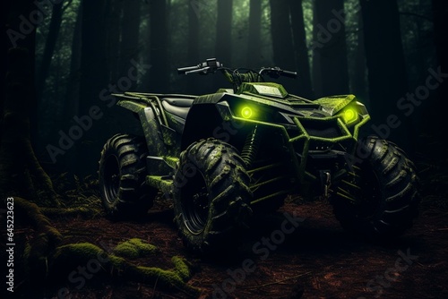 Small green ATV in the forest on a dark background. Generative AI
