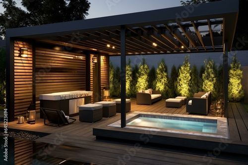 Photographie Modern patio pergola with jacuzzi and BBQ area. Generative AI
