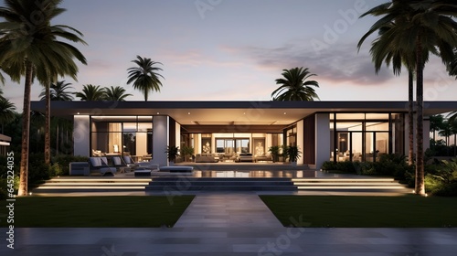 3d rendering of modern cozy house in the garden with pool and parking for sale or rent. Sunset. © Iman