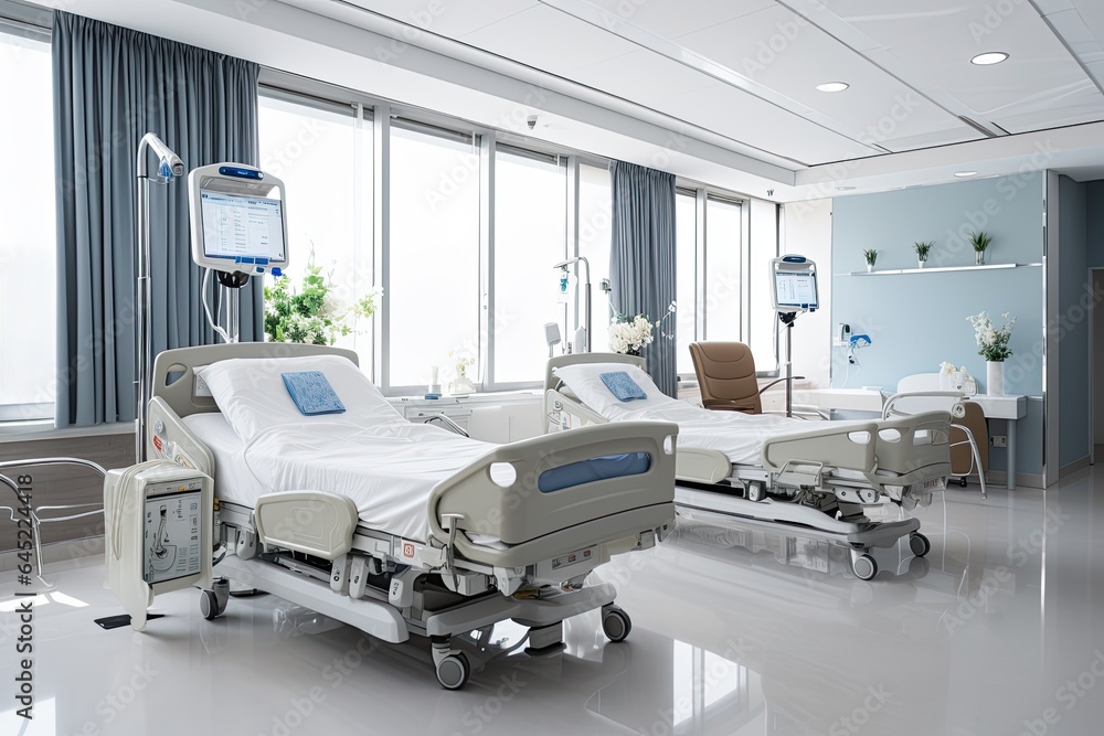 Interior of an empty hospital room - sterile room in the clinic for the recovery of patients after majorInterior. Interior of an empty hospital room - sterile room in the clinic for the recovery of patients after majorInterior.