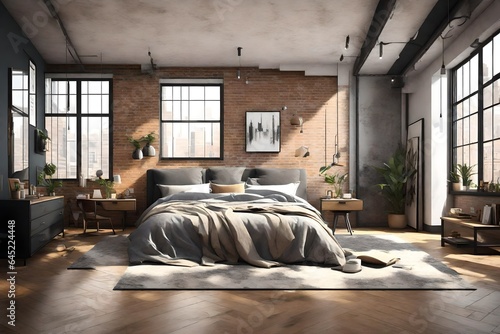3D scene of an urban loft bedroom. Feature bold, contemporary furniture, striking artwork, and an industrial-chic design that reflects the vibrant energy of city living