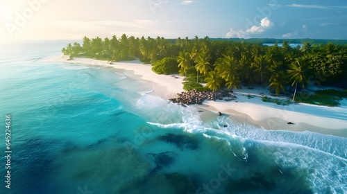 Aerial view of beautiful tropical beach with palm trees. Seascape. Panorama