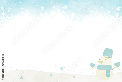 かわいい雪だるまと冬の風景イラスト