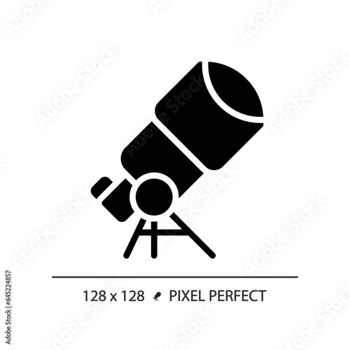 Telescope pixel perfect black glyph icon. Star gazing. Space discovery. Planetary science. Astronomy education. Silhouette symbol on white space. Solid pictogram. Vector isolated illustration