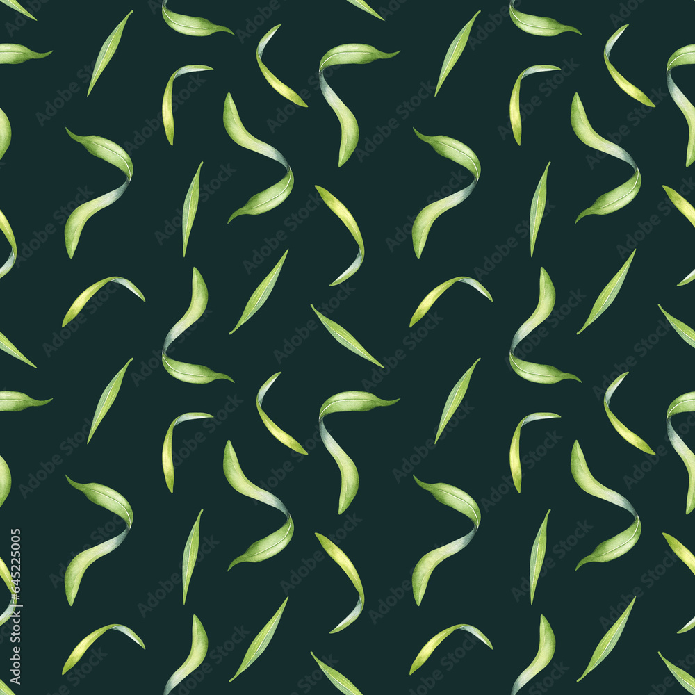 Palm leaves of acai tree watercolor seamless pattern isolated on dark. Green brunch of tropical palm, exotic leaf hand drawn. Design element for wrapping, packaging, textile, background, paper