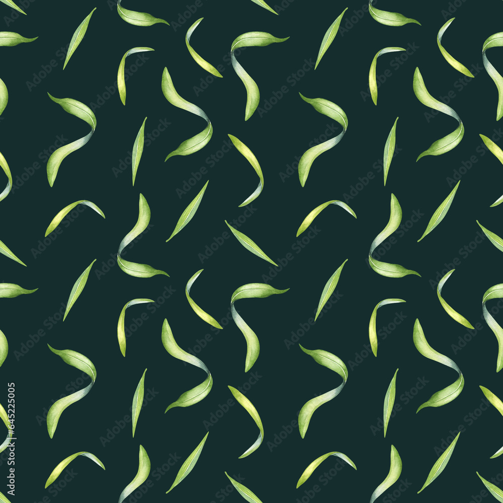 Palm leaves of acai tree watercolor seamless pattern isolated on dark. Green brunch of tropical palm, exotic leaf hand drawn. Design element for wrapping, packaging, textile, background, paper Palm leaves of acai tree watercolor seamless pattern isolated on dark. Green brunch of tropical palm, exotic leaf hand drawn. Design element for wrapping, packaging, textile, background, paper