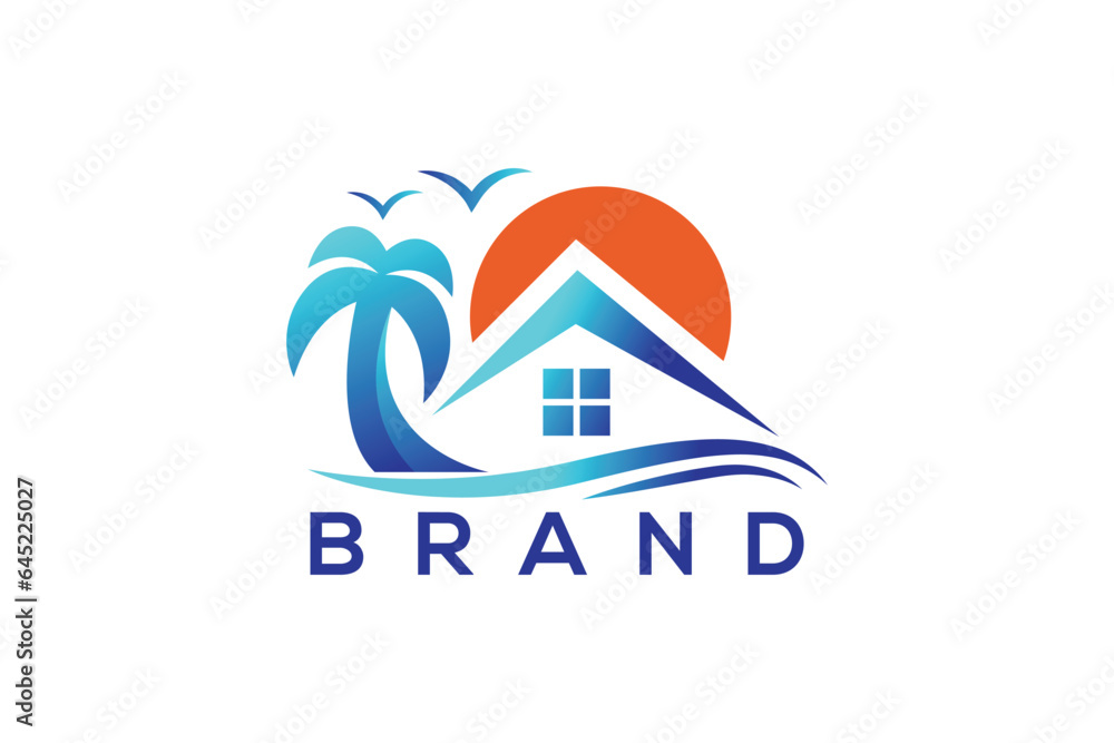Trendy and minimal vacation or home and palm tree vector logo design Trendy and minimal vacation or home and palm tree vector logo design