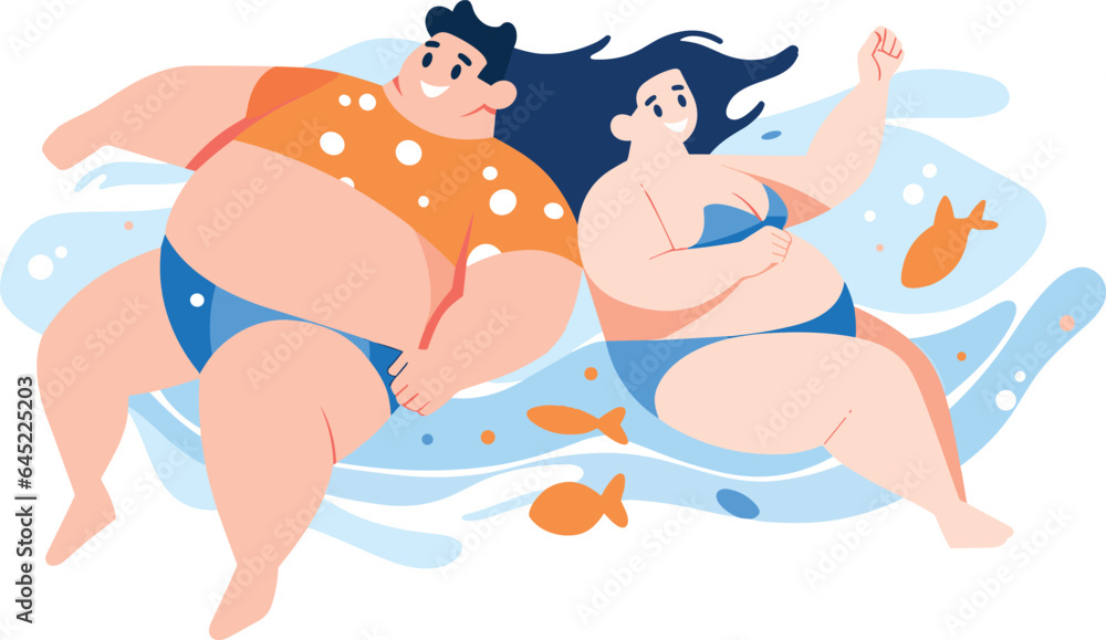 Hand Drawn overweight tourists swimming in the sea in flat style Hand Drawn overweight tourists swimming in the sea in flat style