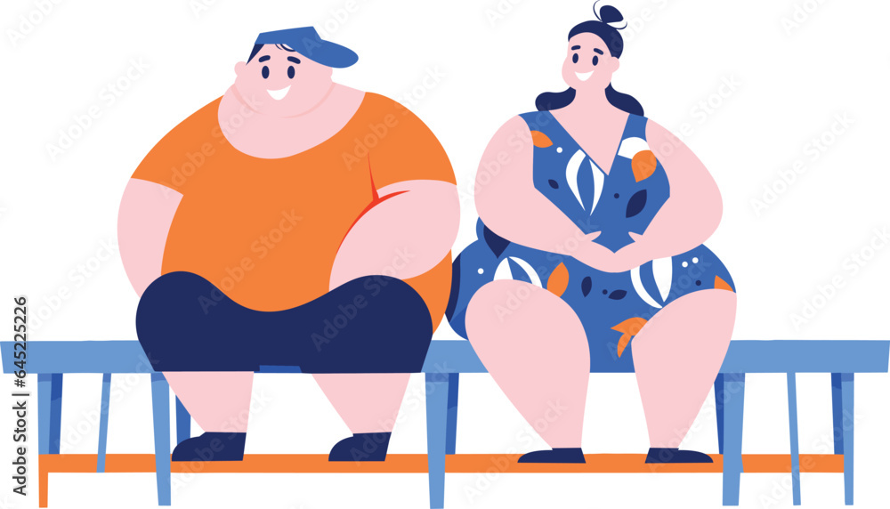 Hand Drawn Overweight couple having a drink at a bar by the sea in flat style