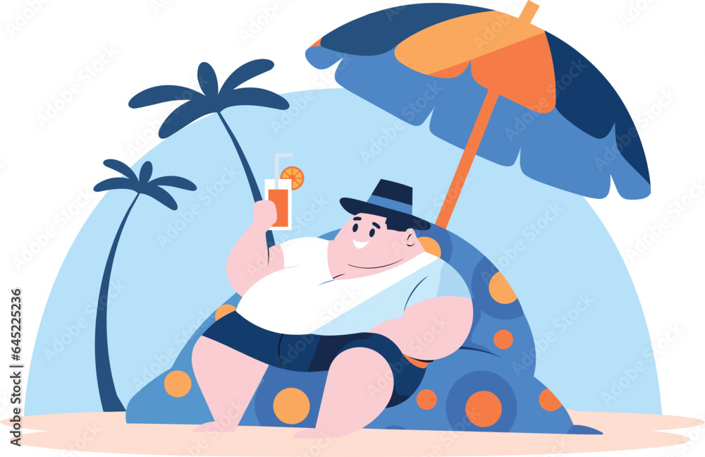 Hand Drawn overweight Tourists relaxing by the sea on vacation in flat style