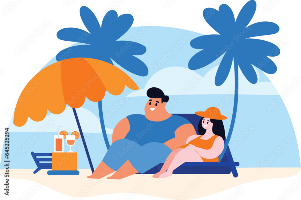 Hand Drawn overweight Tourists relaxing by the sea on vacation in flat style Hand Drawn overweight Tourists relaxing by the sea on vacation in flat style