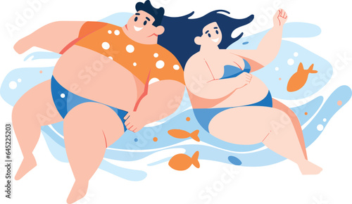 Hand Drawn overweight tourists swimming in the sea in flat style