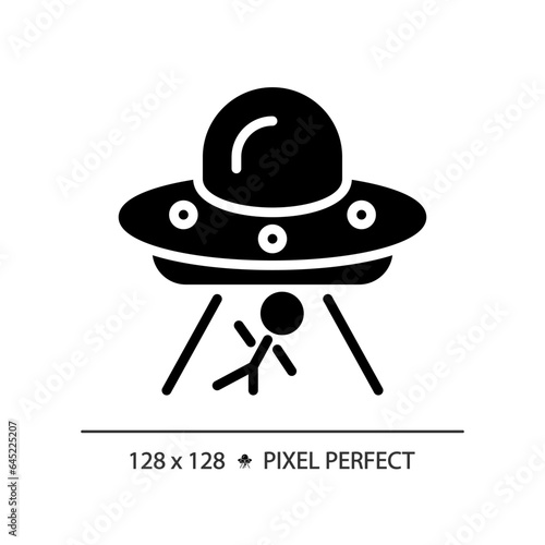 Alien abduction pixel perfect black glyph icon. Mind control. Ufo encounter. Unidentified flying object. Another planet. Silhouette symbol on white space. Solid pictogram. Vector isolated illustration
