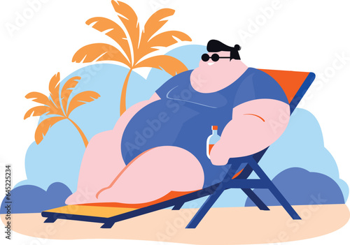 Hand Drawn overweight Tourists relaxing by the sea on vacation in flat style