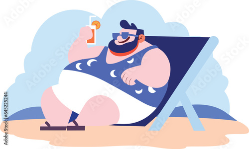 Hand Drawn overweight Tourists relaxing by the sea on vacation in flat style
