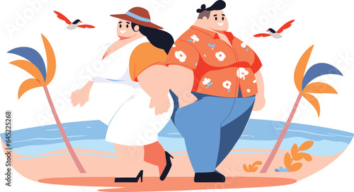 Hand Drawn overweight Tourists relaxing by the sea on vacation in flat style