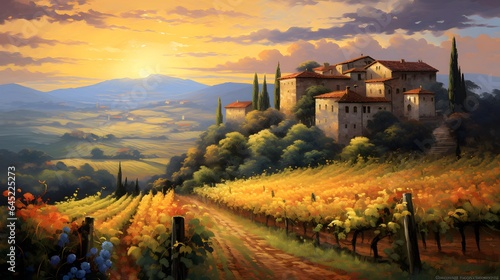 Tuscany landscape with vineyards and farmhouse, Italy.
