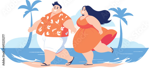 Hand Drawn overweight Tourists relaxing by the sea on vacation in flat style