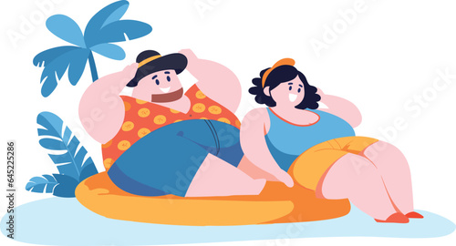 Hand Drawn overweight Tourists relaxing by the sea on vacation in flat style