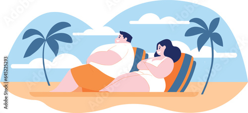 Hand Drawn overweight Tourists relaxing by the sea on vacation in flat style