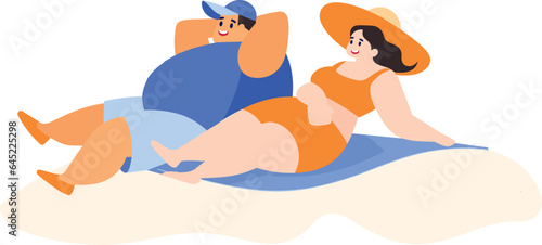 Hand Drawn overweight Tourists relaxing by the sea on vacation in flat style