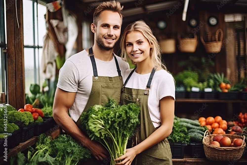 Obraz premium Loving Scandinavian couple with their garden vegetable crop. Natural products as the basis of health at any age. They are standing in apron in greenhouse with a basket of vegetables.