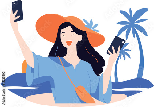 Hand Drawn Tourists relaxing by the sea on vacation in flat style