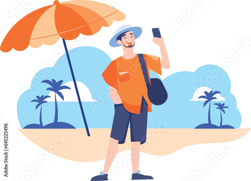 Hand Drawn Tourists relaxing by the sea on vacation in flat style