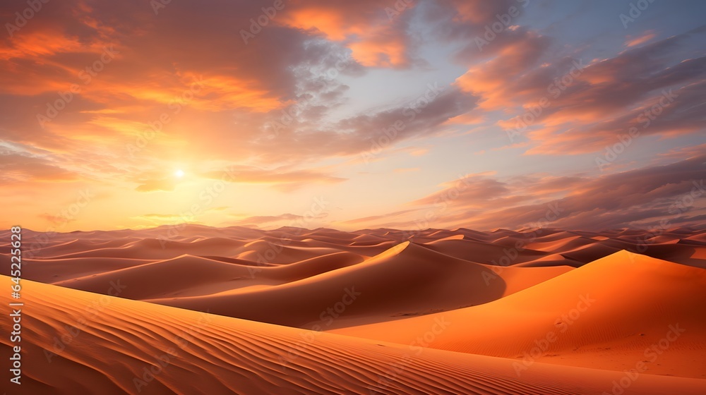 Dunes in the desert at sunset. Panoramic landscape.