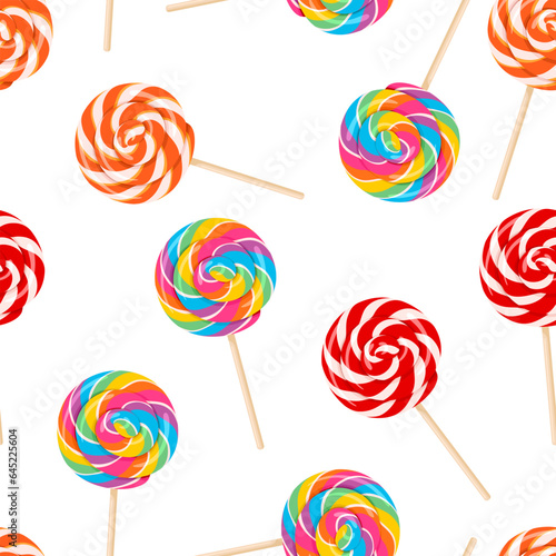 Colorful lollipop seamless pattern. Vector cartoon flat illustration of swirl round candy. Sweet food background.