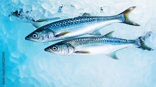 Fresh mackerel fish (Scomber scrombrus) on ice. Seafood background. Generative AI