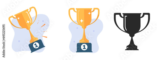 Cup gold trophy icon vector simple graphic black silhouette, flat golden yellow sport champion winner goblet 1 first place, victory game contest championship prize image clipart illustration set