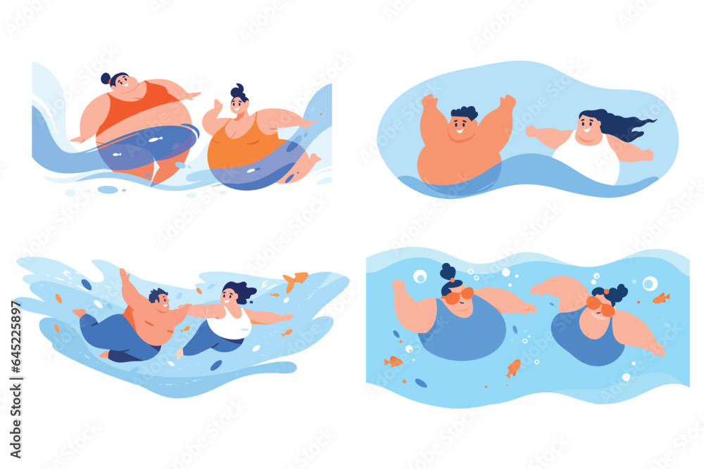 Hand Drawn overweight tourists swimming in the sea in flat style Hand Drawn overweight tourists swimming in the sea in flat style