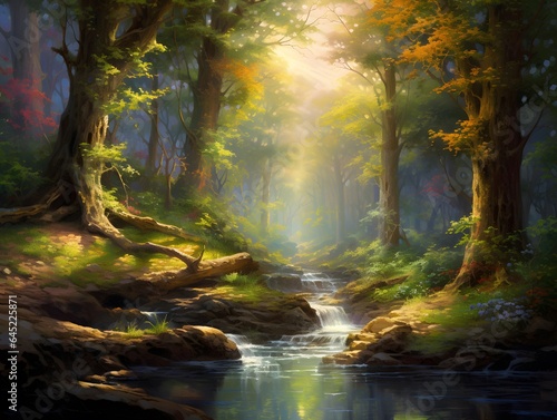 Beautiful autumn forest with river and sunbeams - panorama