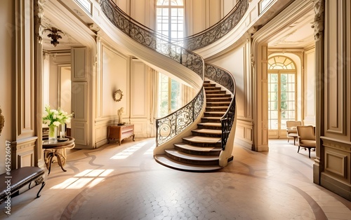 Luxury royal hotel interior with stairs and windows, panorama
