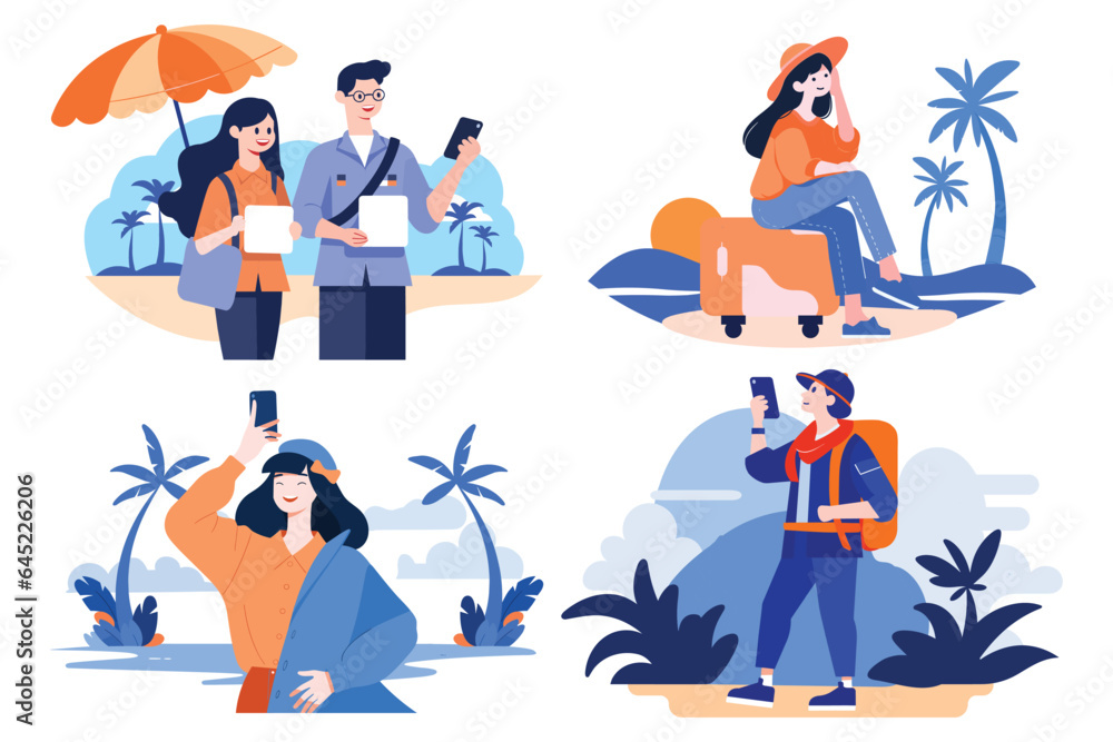 Hand Drawn Tourists relaxing by the sea on vacation in flat style