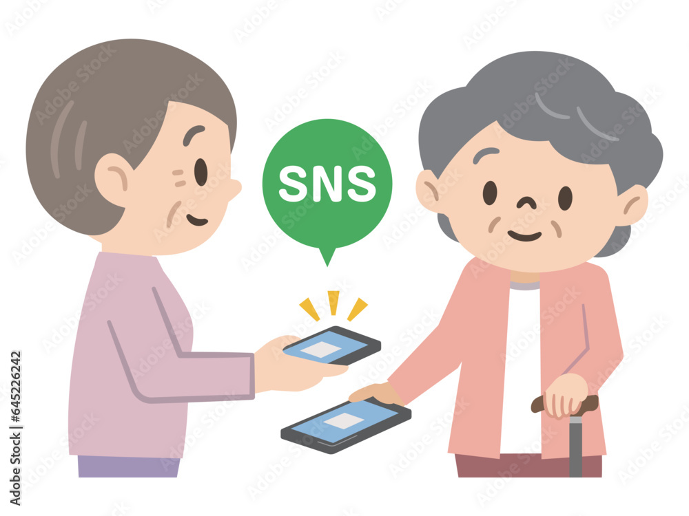 SNS交換をするシニア女性のイラスト