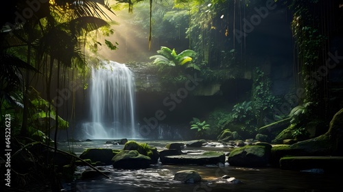 Waterfall in a tropical forest. Panoramic view of a waterfall in a tropical forest.